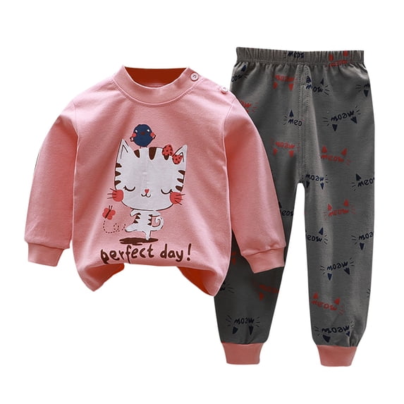 Fall Clothes Set for Girls 2t 3t Cute Print Button Shoulder Sweatshirt Pants Suit Cotton Toddler Long Sleeve Outfits, Pink, 1 Years