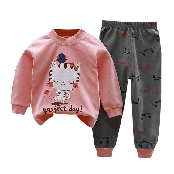 Fall Clothes Set for Girls 2t 3t Cute Print Button Shoulder Sweatshirt Pants Suit Cotton Toddler Long Sleeve Outfits, Pink, 7 Years