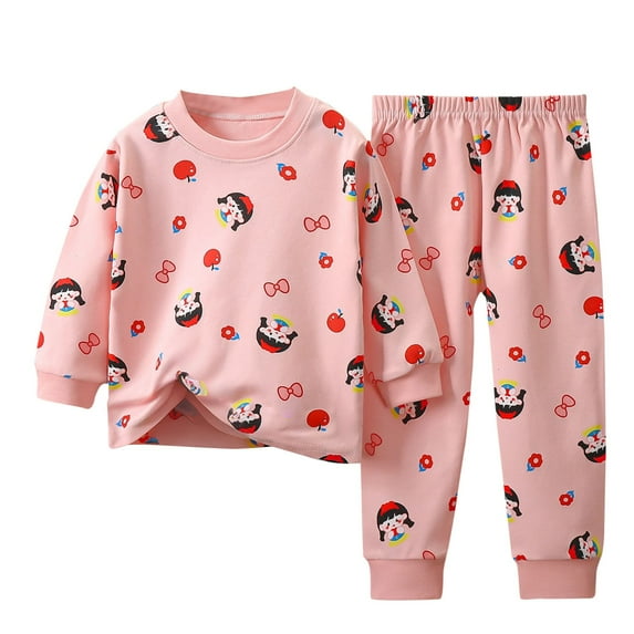 Fall Clothes Set for Girls 2t 3t Cute Print Button Shoulder Sweatshirt Pants Suit Cotton Toddler Long Sleeve Outfits, Pink, 7 Years