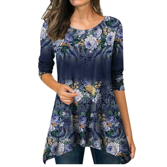 Fall Clothes For Women 2022 Crewneck Long Sleeve Shirt Floral Print Tunic Top Irregular Hem Full Sleeve Long Shirts fall clothes for women 2022 oversized sweaters cropped sweater
