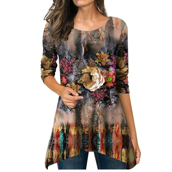Fall Clothes For Women 2022 Crewneck Long Sleeve Shirt Floral Print Tunic Top Irregular Hem Full Sleeve Long Shirts fall clothes for women 2022 oversized sweaters cropped sweater