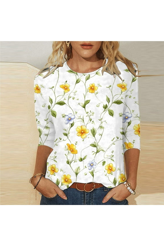 Fall Clothes Women!Homenesgenics Tops for Women Long Sleeve Plus Size Ladies' Easter Day Printed Round Neck Three Quarter Sleeve 3/4 Sleeve T-Shirt Loose Multicolor XXL