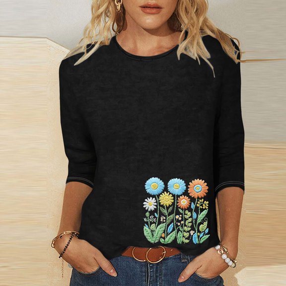 Fall Clothes Women!Homenesgenics Tops for Women Long Sleeve Plus Size Ladies' Fashion Printed Round Neck Three Quarter Sleeve 3/4 Sleeve T-Shirt Loose Black XXXXL