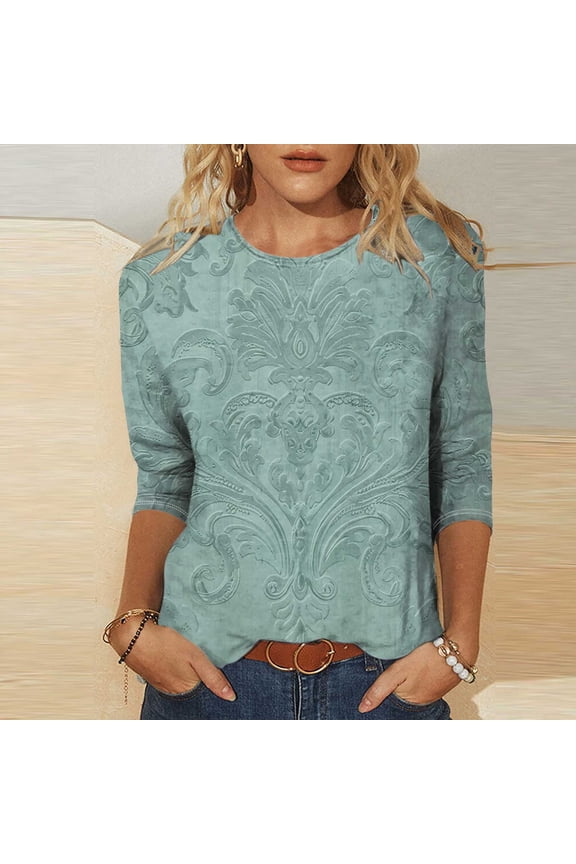 Fall Clothes Women!Homenesgenics Tops for Women Long Sleeve Plus Size Ladies' Fashion Printed Round Neck Three Quarter Sleeve 3/4 Sleeve T-Shirt Loose Green XXL