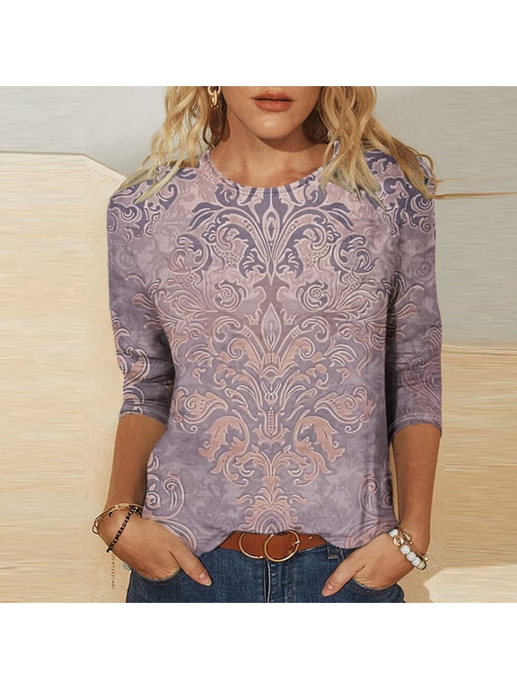 Fall Clothes Women!Homenesgenics Tops for Women Long Sleeve Plus Size Ladies' Fashion Printed Round Neck Three Quarter Sleeve 3/4 Sleeve T-Shirt Loose Purple M