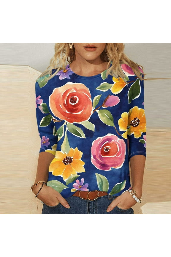 Fall Clothes Women!Homenesgenics Tops for Women Long Sleeve Plus Size Women Vacation Style Floral Leisure Print Round Neck Three Quarter Sleeve 3/4 Sleeve T-Shirt Loose Multicolor S