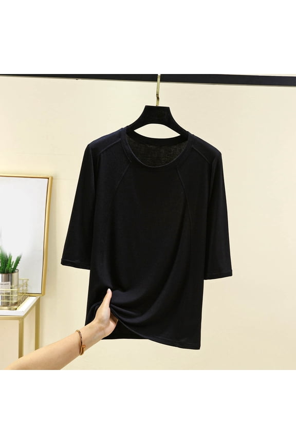 Fall Clothes Women!Homenesgenics Tops for Women Long Sleeve Plus Size Women's Casual Solid Color 3/4 Length Sleeve Round-Neck T-Shirt Home Bottom Tank Black XL