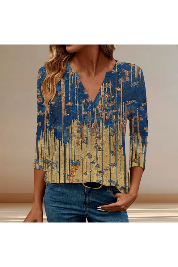 Fall Clothes Women!Homenesgenics Tops for Women Long Sleeve Plus Size Women's Fashion Printed T-Shirt 3/4 Sleeves Blouse-Neck Casual T-Shirt Blouse Gray XL