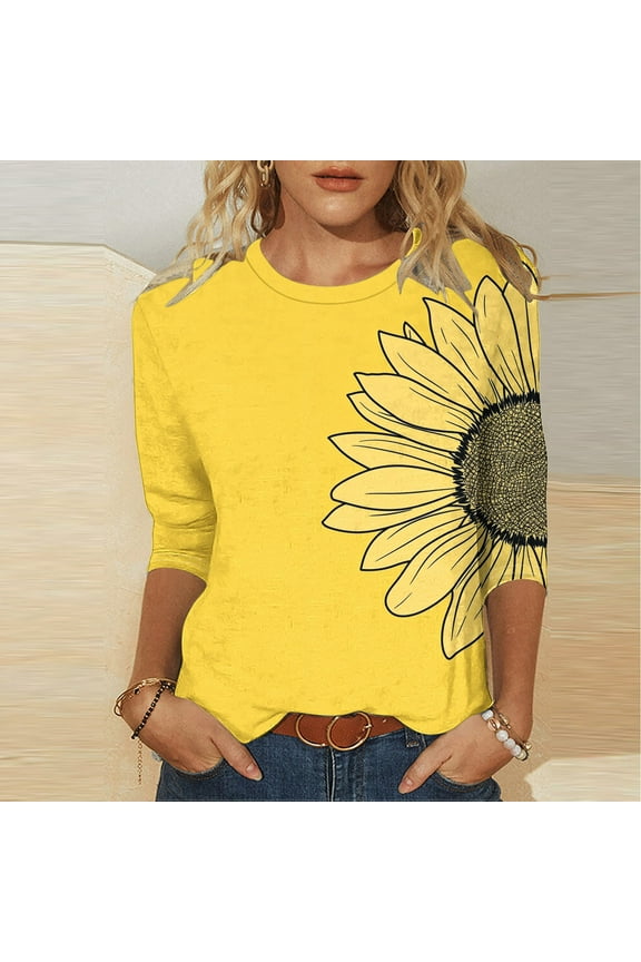 Fall Clothes Women!Homenesgenics Tops for Women Long Sleeve Plus Size Women's Fashion Printed T-Shirt 3/4 Sleeves Blouse Round Neck Casual Yellow XXXL