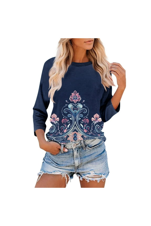 Fall Clothes Women!Homenesgenics Tops for Women Long Sleeve Plus Size Women's Fashion Tees Casual CrewNeck 3/4 Sleeve Loose T Shirt Ladies Blouses Shirts Multicolor M