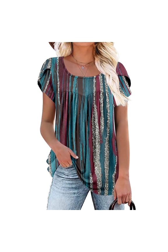 Fall Clothes Women!Homenesgenics Tops for Women Long Sleeve Plus Size Women's Printed Pleated Short Sleeved T-Shirt Loose Loose Comfortable and Casual Blue S