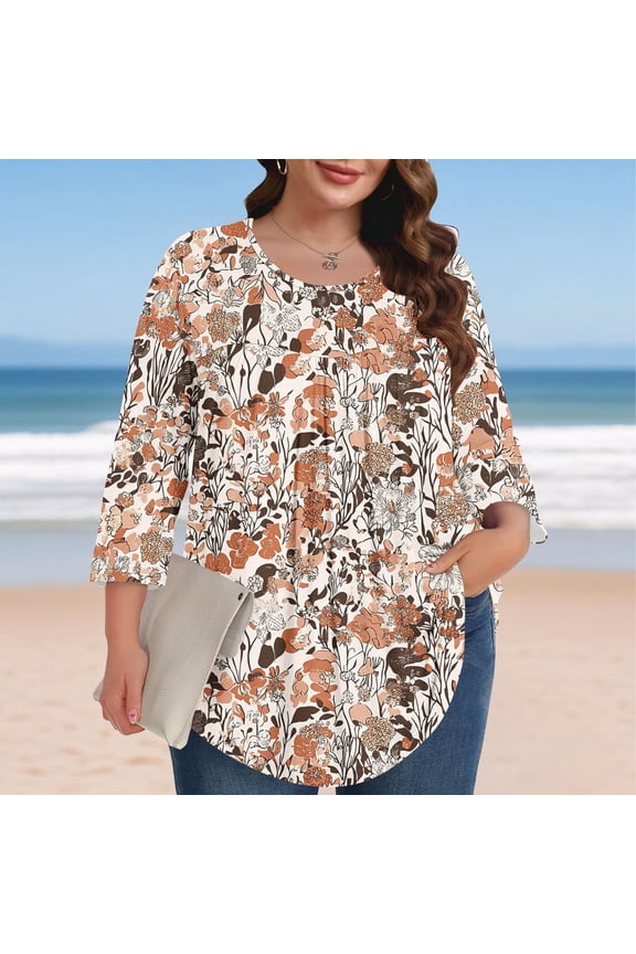 Fall Clothes Women!Homenesgenics Tops for Women Long Sleeve Plus Size Women's Solid Color Gradient T-Shirt Home Casual with 3/4 Sleeves Round Neck Top/shirt Brown XXXXXL