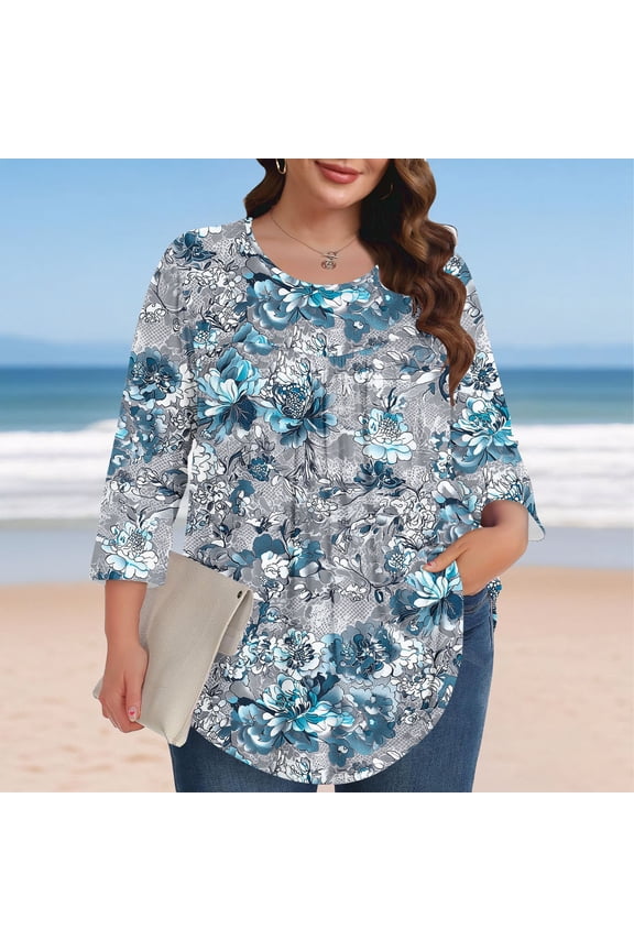 Fall Clothes Women!Homenesgenics Tops for Women Long Sleeve Plus Size Women's Solid Color Gradient T-Shirt Home Casual with 3/4 Sleeves Round Neck Top/shirt Blue XXXXL