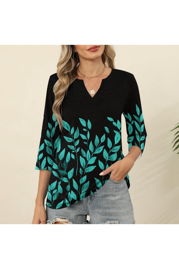 Fall Clothes Women!Homenesgenics Tops for Women Long Sleeve Plus Size Ladies' Fashion Printed V-Neck Three Quarter Sleeve 3/4 Sleeve T-Shirt Black XL