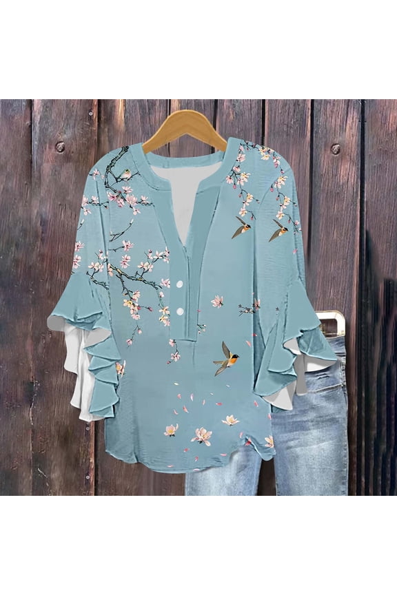 Fall Clothes Women!Homenesgenics Tops for Women Long Sleeve Plus Size Women's 3/4 Lace Sleeve V-Neck Button Casual Print Loose Multicolor L