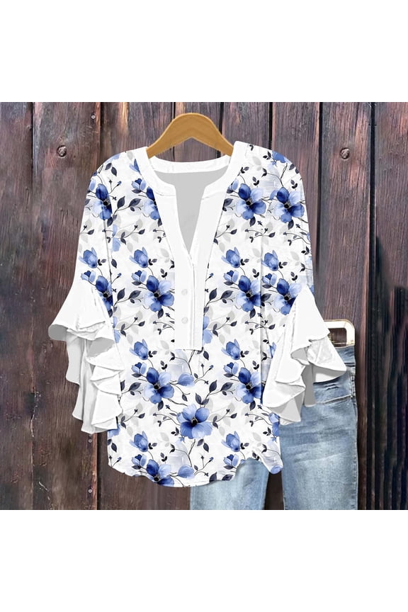 Fall Clothes Women!Homenesgenics Tops for Women Long Sleeve Plus Size Women's 3/4 Lace Sleeve V-Neck Button Casual Print Loose Multicolor L