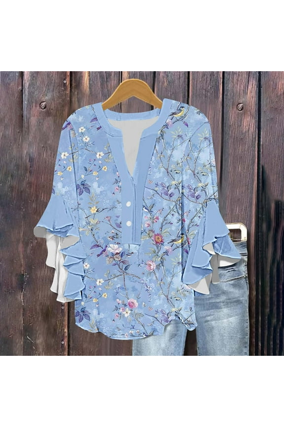 Fall Clothes Women!Homenesgenics Tops for Women Long Sleeve Plus Size Women's 3/4 Lace Sleeve V-Neck Button Casual Print Loose Multicolor M