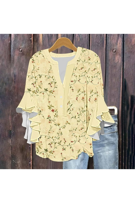 Fall Clothes Women!Homenesgenics Tops for Women Long Sleeve Plus Size Women's 3/4 Lace Sleeve V-Neck Button Casual Print Loose Multicolor XXL