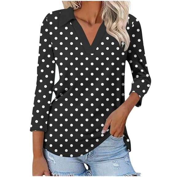 Fall Clothes Women!Homenesgenics Tops for Women Long Sleeve Plus Size Women's Color Matching T-Shirt V-Neck Lapel 3/4 Sleeve Black L