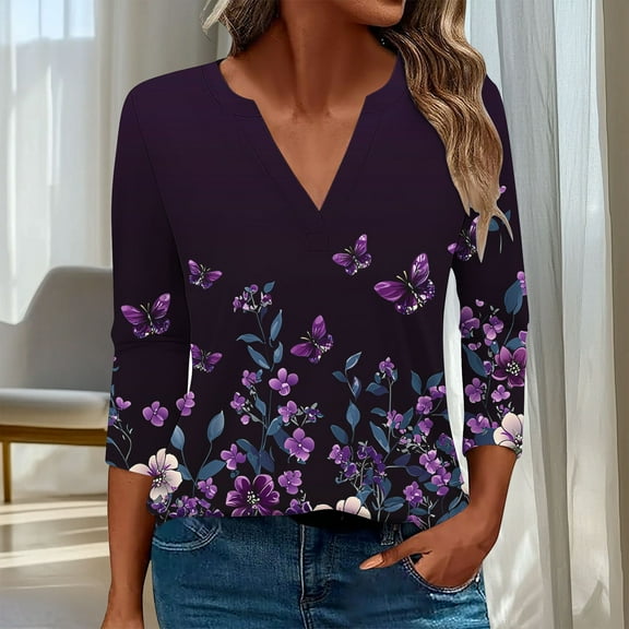 Fall Clothes Women!Homenesgenics Tops for Women Long Sleeve Plus Size Women's Fashion Printed T-Shirt 3/4 Sleeves Blouse V-Neck Casual Tops Purple L