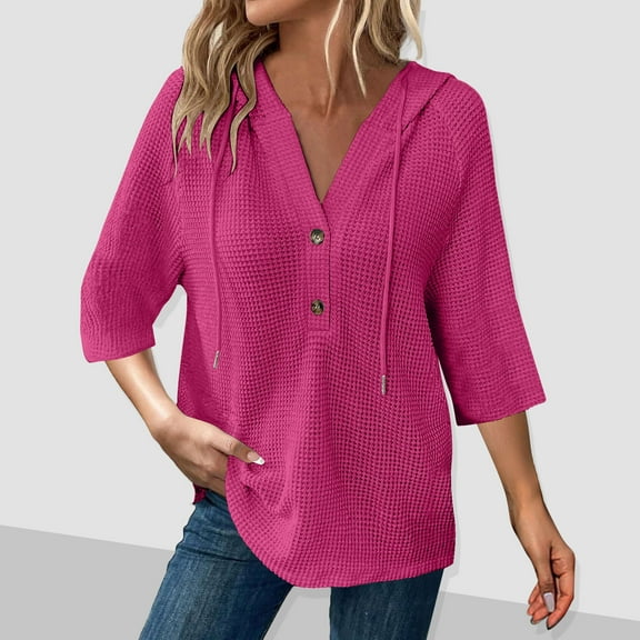 Fall Clothes Women!Homenesgenics Tops for Women Long Sleeve Plus Size Women's Solid Color Button V-Neck Casual Pullover Hooded Drawstring Pink XL