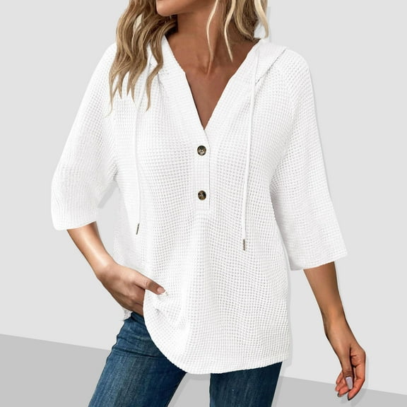 Fall Clothes Women!Homenesgenics Tops for Women Long Sleeve Plus Size Women's Solid Color Button V-Neck Casual Pullover Hooded Drawstring White L