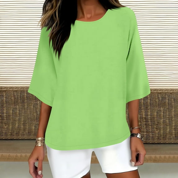 Fall Clothes Women!Homenesgenics Tops for Women Long Sleeve Plus Size Women's Solid Color Crew Neck Shirt 3/4 Sleeve Casual Green XXXXL