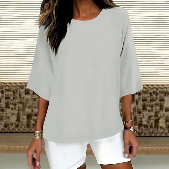 Fall Clothes Women!Homenesgenics Tops for Women Long Sleeve Plus Size Women's Solid Color Crew Neck Shirt 3/4 Sleeve Casual White XXXXL