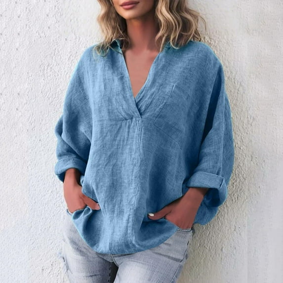 Fall Clothes Women!Homenesgenics Tops for Women Plus Size Fashion Women's Solid V-Neck Casual Pullover Long Sleeved Pocket Top Blue XXXXL