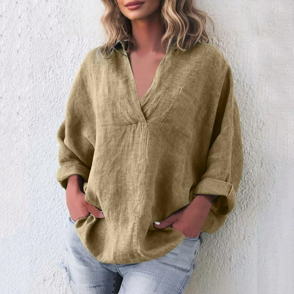Fall Clothes Women!Homenesgenics Tops for Women Plus Size Fashion Women's Solid V-Neck Casual Pullover Long Sleeved Pocket Top Brown L