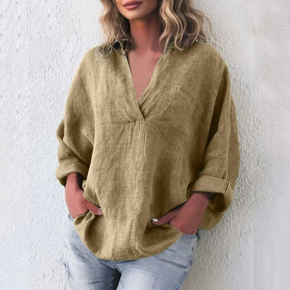 Fall Clothes Women!Homenesgenics Tops for Women Plus Size Fashion Women's Solid V-Neck Casual Pullover Long Sleeved Pocket Top Brown XXXL