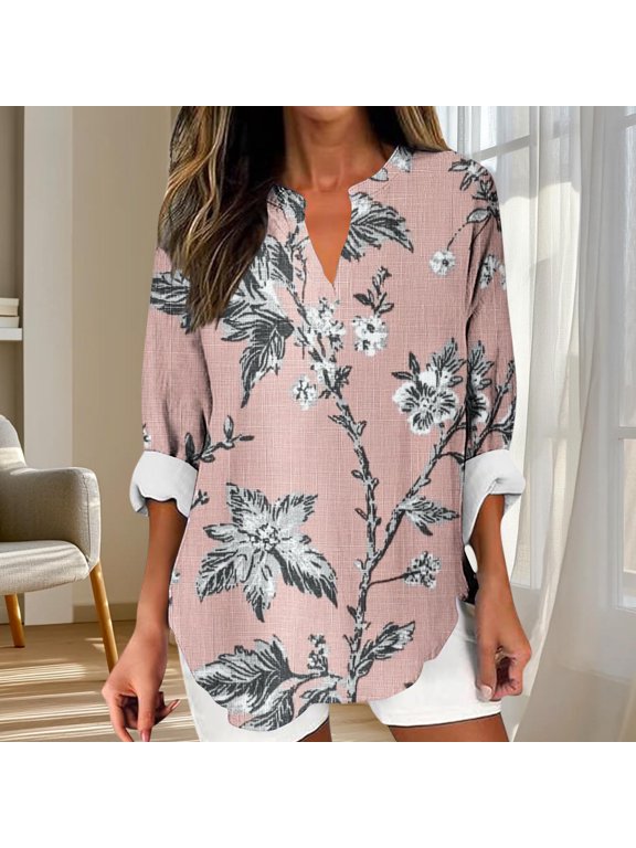Fall Clothes Women!Homenesgenics Tops for Women Plus Size Women's Printed Long Sleeved V-Neck Pullover Casual and Fashionable Top Pink XXXXXL