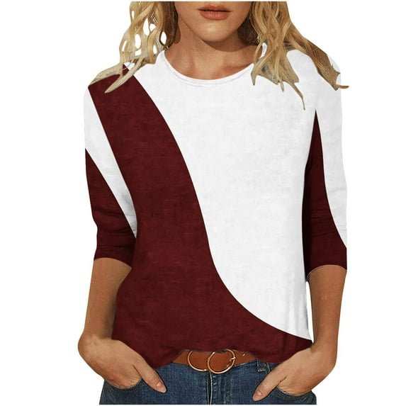 Fall Clothes for Women 2024 3/4 Length Sleeve Crewneck Tops Casual Loose Printed Three Quarter Blouses
