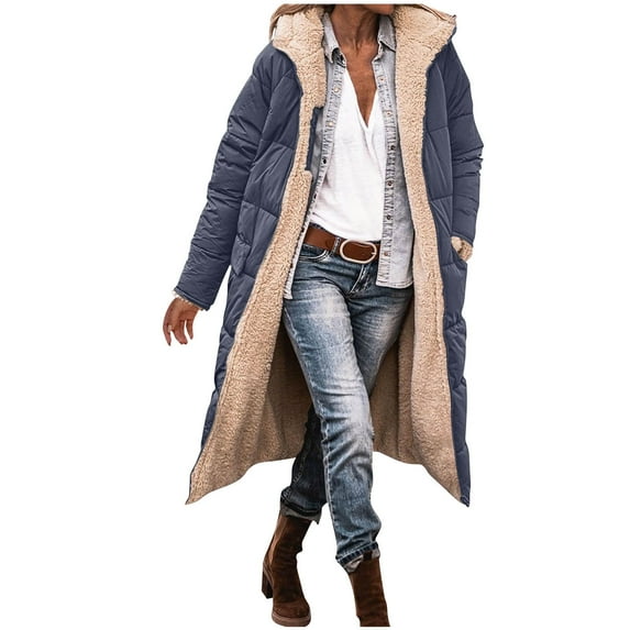 Fall Clothes for Women New Women Winter Long Fleece Lined Coat Warm Quilted Plus Size Long Sleeve Hooded Jacket with Pocket Dark Gray XXL