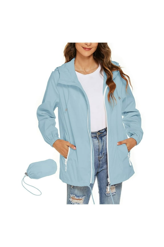 Fall Clothes for Women New Womens Waterproof Raincoat Lightweight Breathable Rain Jacket Hooded Outdoor Active Windbreaker with Pocket Light Blue XL