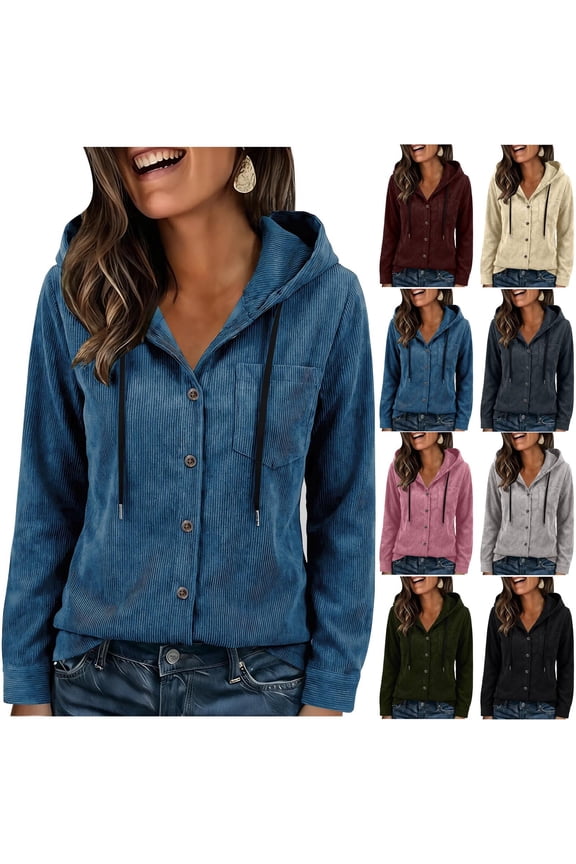 Fall Clothing Neewe Womens Plain Corduroy Jacket Button Down Hoodie Oversized Jackets Fluffy Coat with Pockets