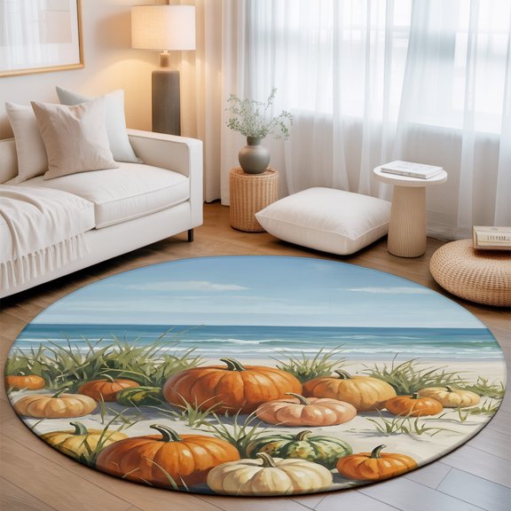 Fall Coastal 3.3' Round Washable Rugs for Bedside Reading Corner, Blue Beach Pumpkin Sand Ocean Sky Thanksgiving Stain Proof Non Slip Circle Area Rug for Entryway Front door