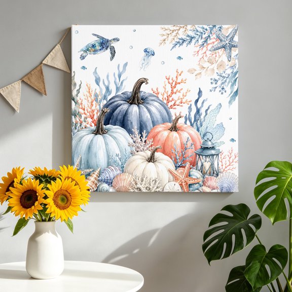 Fall Coastal Canvas Wall Art for Living Room, Slate Blue Pumpkin Marine Plant Sea Turtle Coral Poster Print Painting for Bedroom Office Home Decoration Wall Pictures Prepare To Hang 8"x8"