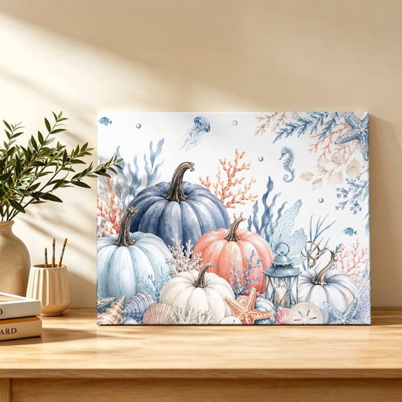 Fall Coastal Canvas Wall Art, Slate Blue Pumpkin Marine Plant Sea Turtle Coral Wall Art Prints Artwork Framed Canvas Ready to Hang Art Pictures for Bathroom Bedroom Entry Desk Corner 10" x 8"