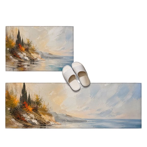 Fall Coastal Cliffs 2 Pieces Non-Slip Kitchen Mat Set, Rustic Brown Teal Sunset Wilderness Landscape Soft Door Mat with Rubber Backing, Dirtproof Rugs for Entrance Doorway, 23.6x35.4in+23.6x70.9in