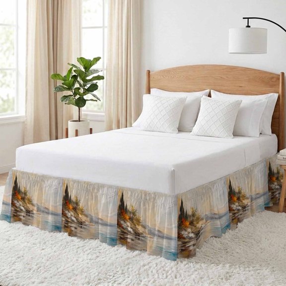 Fall Coastal Cliffs Bed Skirt King Size 18 Inch Drop, Rustic Brown Teal Sunset Wilderness Landscape Adjustable Elastic Dust Ruffles Bedskirt for King Bed Wrap Around Pleated Mattress Frame Cover