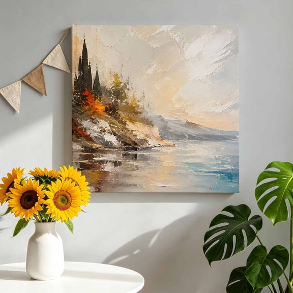 Fall Coastal Cliffs Canvas Wall Art for Living Room, Rustic Brown Teal Sunset Wilderness Landscape Poster Print Painting for Bedroom Office Home Decoration Wall Pictures Prepare To Hang 10"x10"