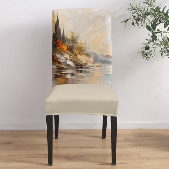 Fall Coastal Cliffs Dining Chair Covers Set of 1, Rustic Brown Teal Sunset Wilderness Landscape Chair Covers for Dining Room Removable Seat Protectors Slipcovers for Home Party Wedding Banquet