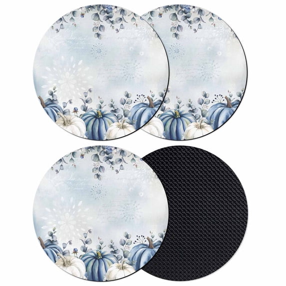 Fall Coastal Coasters Set of 4, Absorbent Coasters for Drinks, Thanksgiving Blue White Pumpkin Eucalyptus Coaster for Desk Coffee Table Protection, Home Decor House Warming Gifts 4"