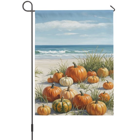 Fall Coastal Garden Flag 12 x 18 Inches, Blue Beach Pumpkin Sand Ocean Sky Thanksgiving Weather Proof Outdoor Patio Flags Double Sided Small Garden Decoration for Yard Outside Home