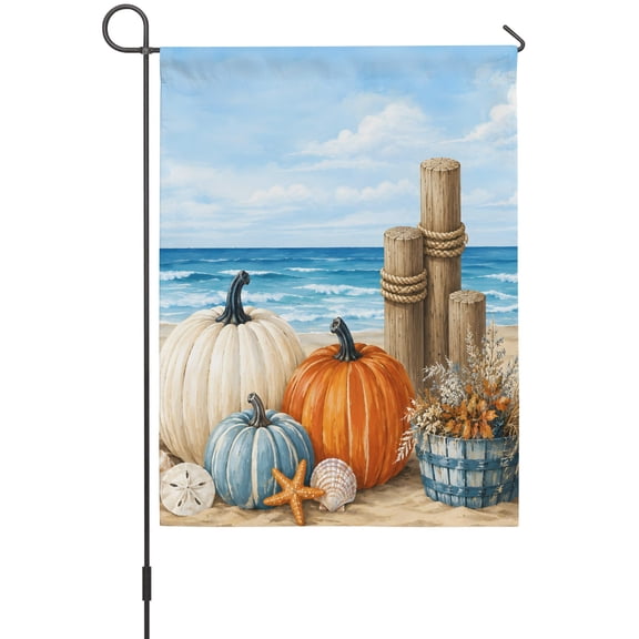 Fall Coastal Garden Flag 12 x 18 Inches, Cream Orange Blue Pumpkins Starfish Nautical Weather Proof Outdoor Patio Flags Double Sided Small Garden Decoration for Yard Outside Home