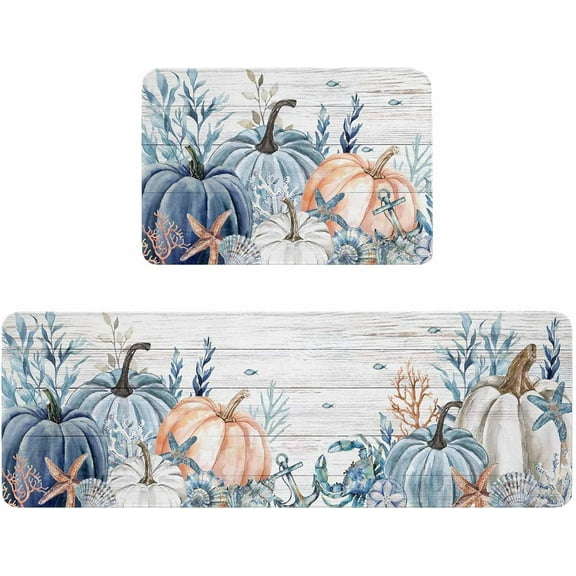 Fall Coastal Kitchen Mats and Rugs Set of 2, Thanksgiving Blue Pumpkins Coral Ocean Retro Wood Washable Absorbent Kitchen Runner Rug Carpet Anti-Fatigue Comfort Mat for Kitchen Laundry 17x30+17x47