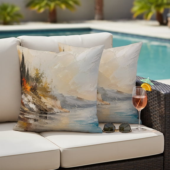 Fall Coastal Outdoor Pillow Covers 16x16 Inch Throw Pillow Covers Set of 2 Waterproof Decorative Pillow Cases Autumn Brown Forest Ocean Vintage Oil Painting Cushion Covers for Patio Furniture Garden