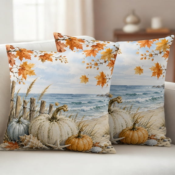 Fall Coastal Pumpkins Outdoor Waterproof Throw Pillow Covers 16x16 Set of 2, Ocean Nautical Waves Maple Leaves Decorative Pillowcases Cushion Pillowcase for Couch Sofa Patio Outside Pillow Protector