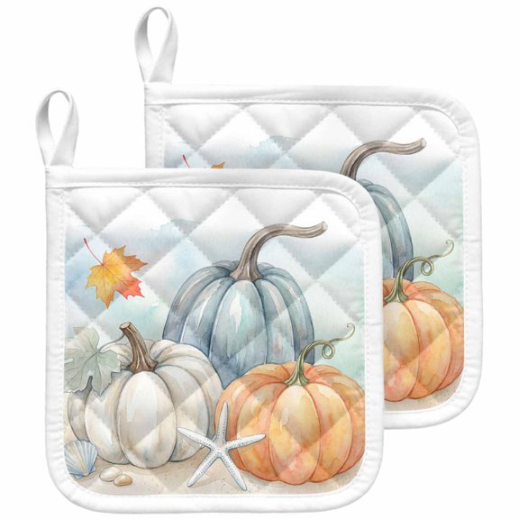Fall Coastal Pumpkins Pot Holders for Kitchen Heatproof Potholder, 2 Pack Thanksgiving Maple Leaf Starfish Hot Pads Multipurpose Oven Pads Terry Cloth Potholders Trivet for Cooking and Baking